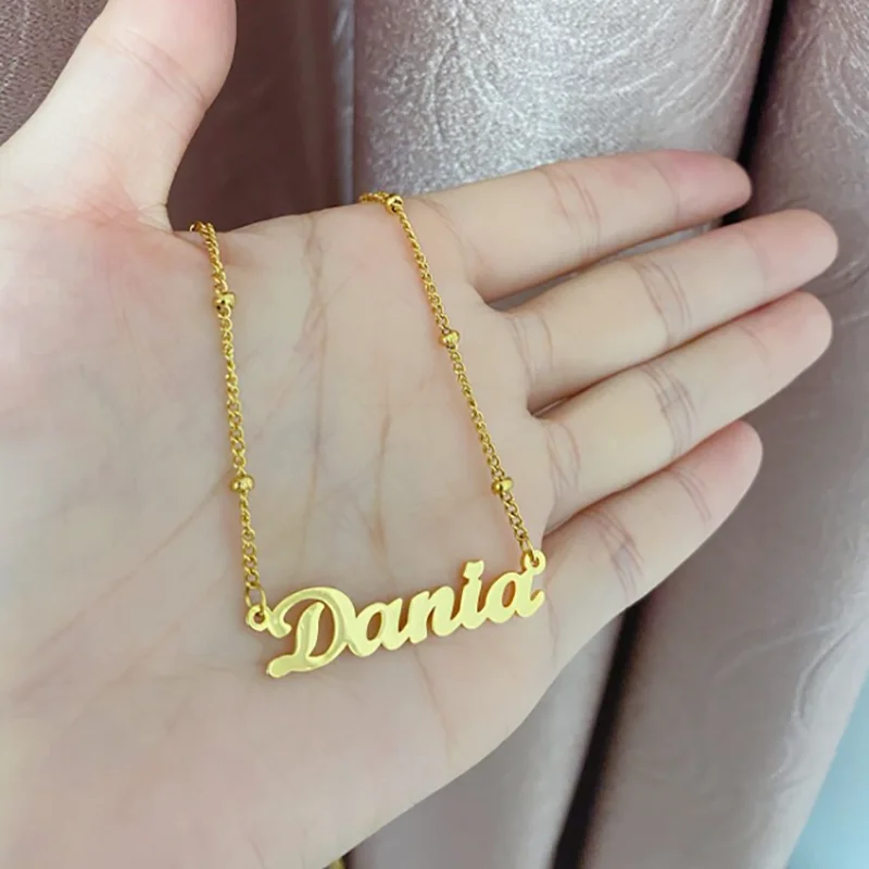 

Dainty Customized Name Necklace with Beads Chain Personalized Stainless Steel Nameplate Charm Women Necklace Gift Custom Jewelry