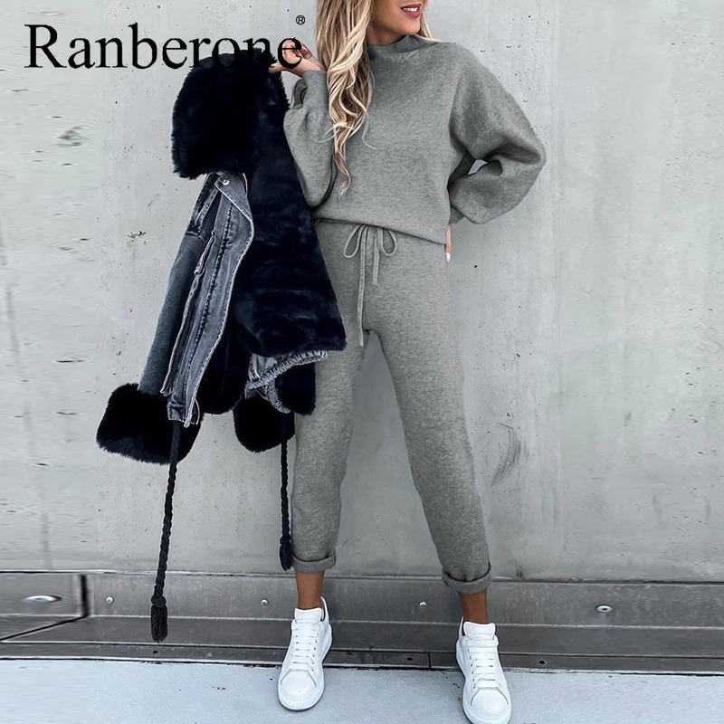 Ranberone 2 Pieces Set Sport Suit Female Solid Lantern Sleeve Top + Drawstring Pockets Design Pants Fitness Women's Tracksuit