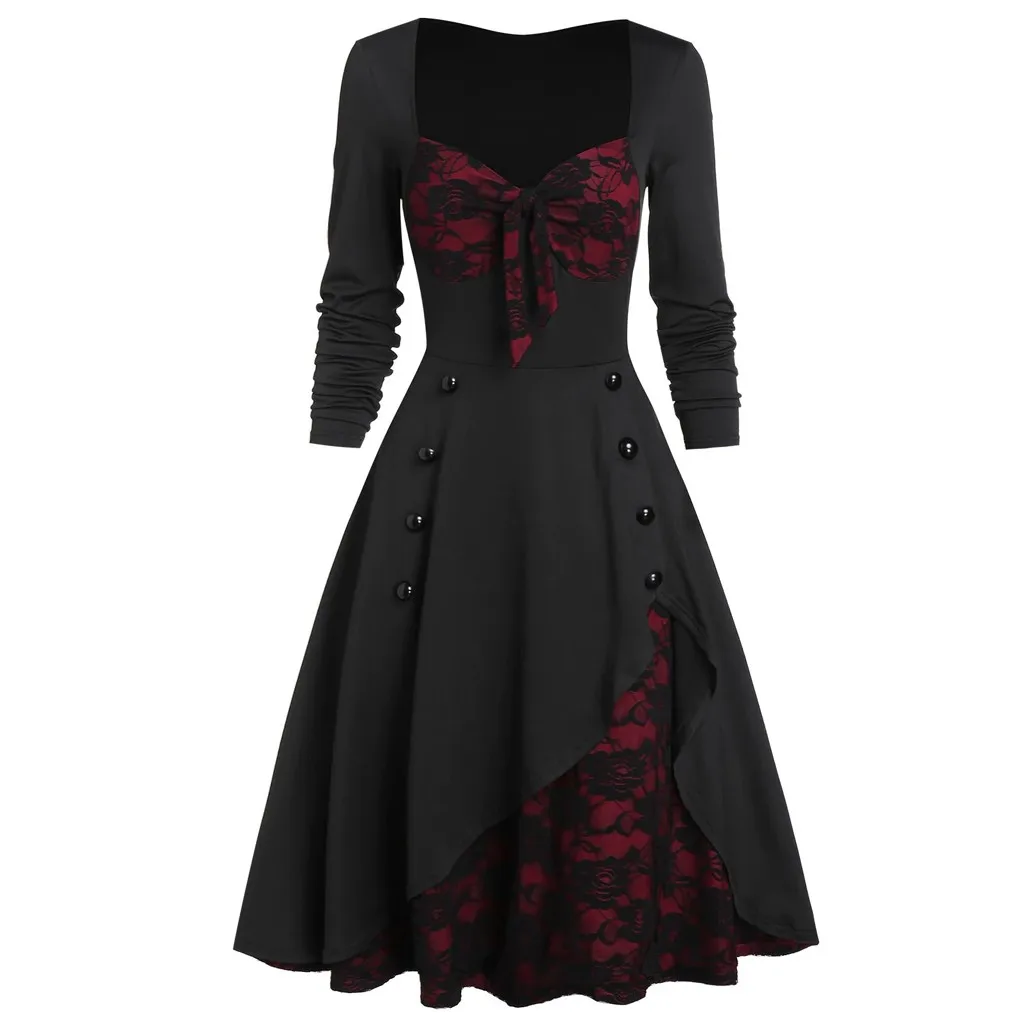 

Women Plus Size Party Dress Formal Flower Lace Insert Mock Button Bowknot Vintage Dress women's Long sleeve stitch Dresses 2021