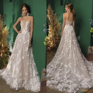 2020 Wedding Dresses Jewel Sleeveless Lace 3D Appliques A Line Bridal Gowns Gorgeous Backless Sweep Train Wedding Dress