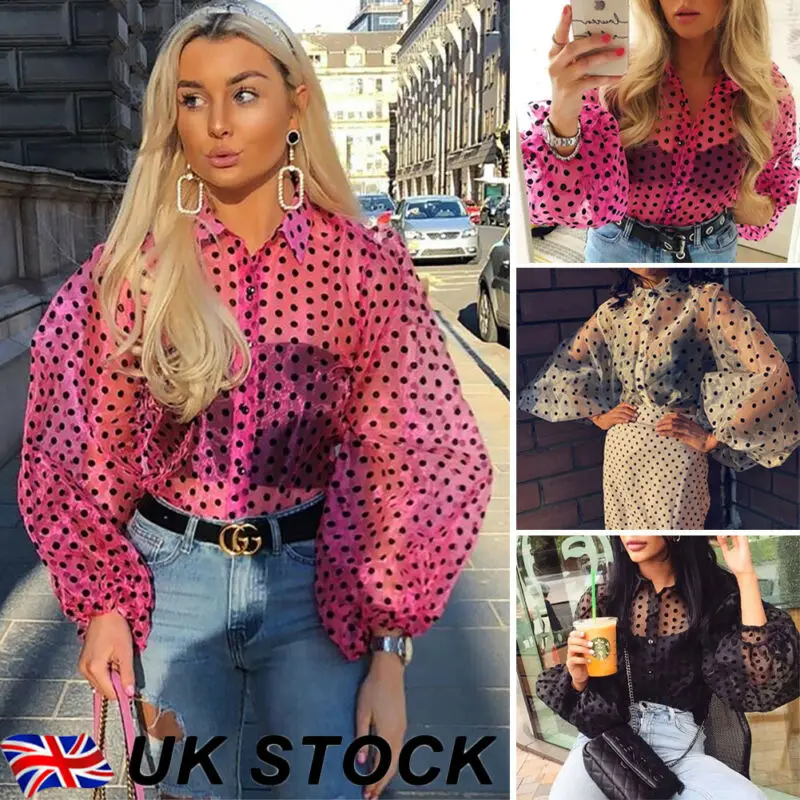 

UK New Women See through Lace Mesh Sheer Long Lantern Sleeve Top T Shirt Blouse