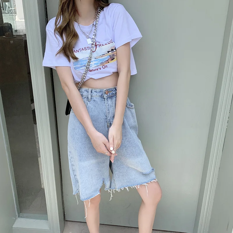 

Женские джинсовые шорты А-силуэта, модные и широкие шорты большого размера с высокой талией в Корейском стиле, 2021