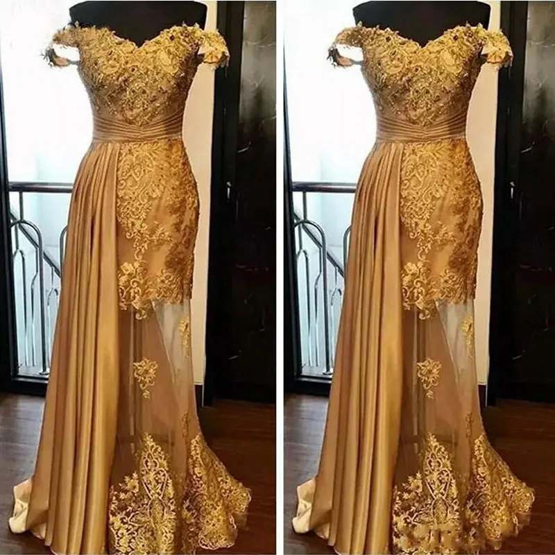 

Elegant Off the Shoulder Gold Long Evening Dresses 2021 Mermaid Beads Lace Appliques Saudi Arabic Women Formal Prom Party Gown