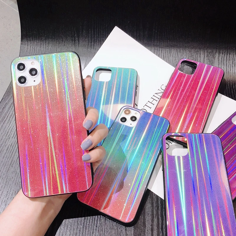 For iPhone 6 6s 7 8 Plus 10 X XS XR 11 Pro Max Glitter Gradient Sparkle Sequins Laser Holographic Hard Tempered Glass Case Cover | Мобильные