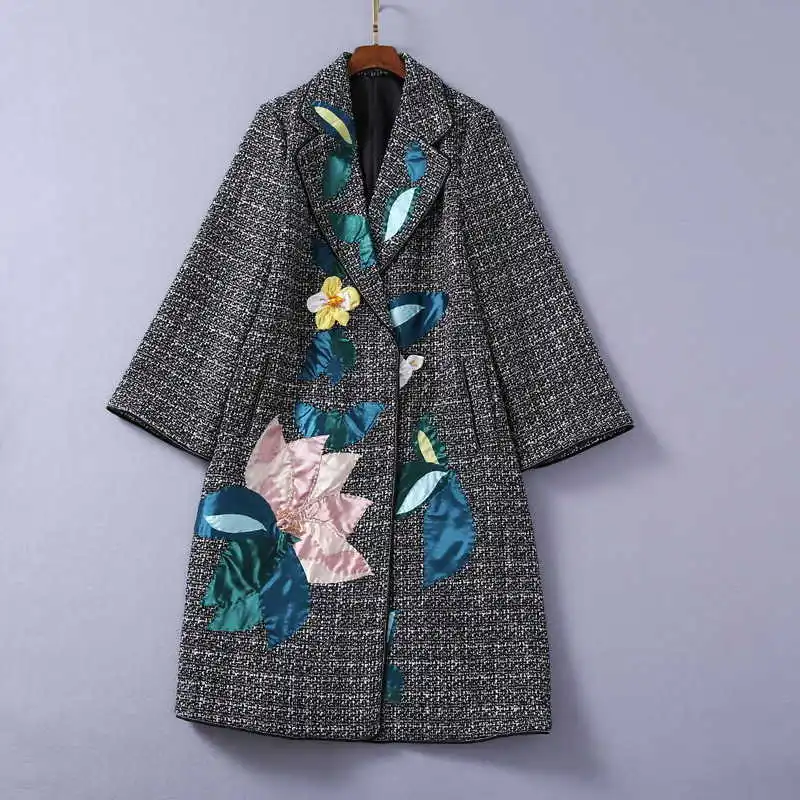 

Women Winter Autumn High quality Tweed overcoat Fashion runways floral applique beading coat C657