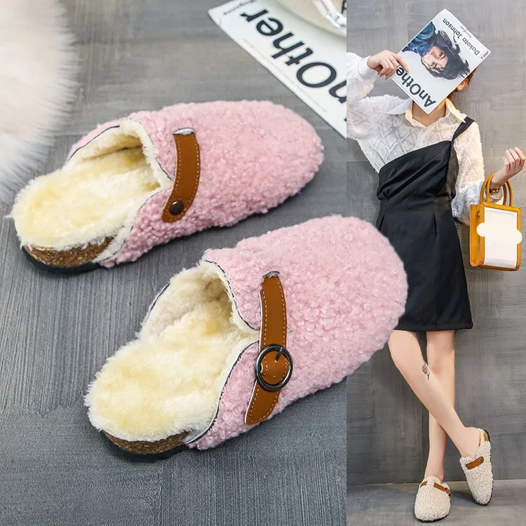 

Шлепанцы женские с заклепками, меховые сандалии на плоской подошве, домашние тапочки с закрытым носком, низкая зимняя обувь из флока, массаж...