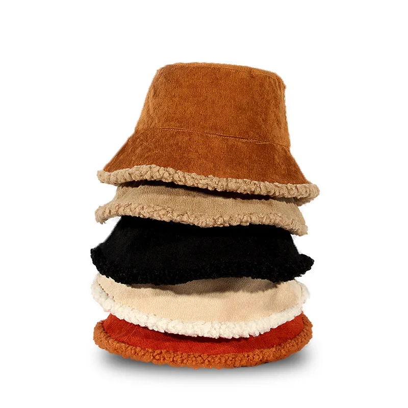 Winter Bucket Hats Women Warming Panama Hat Lady Fluffy Corduroy Double-Side Wear Outdoor Fisherman Cap Hat for Women Size Plus