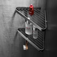 Gun Grey Brass Bathroom Corner Shelf Shower Rack Square Shampoo Caddy Holder Wall Nail Punched With Hook Dual Tier Bath Hardware