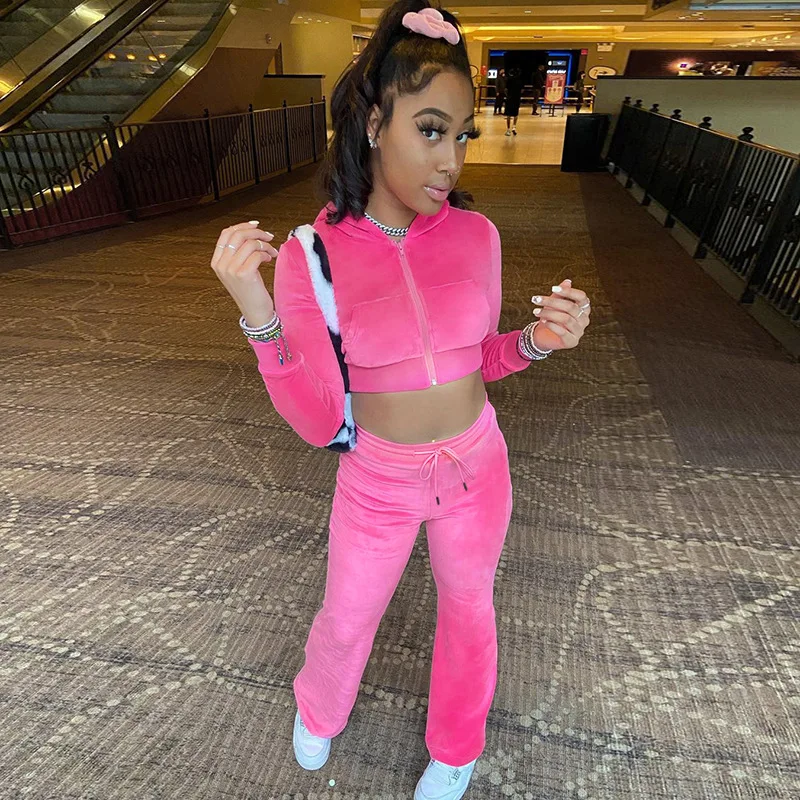 

Women Clothing Crop Top Zipper Hoodie Two Piece Velvet Tracksuit