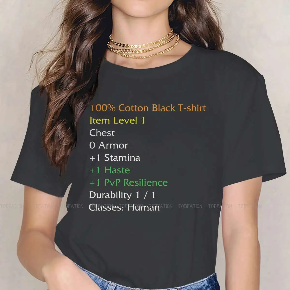 

WoW Item Stats Description Black Meme Women's TShirt World of Warcraft Game Girls Graphic Tees Cotton Female T Shirt 4XL Funny