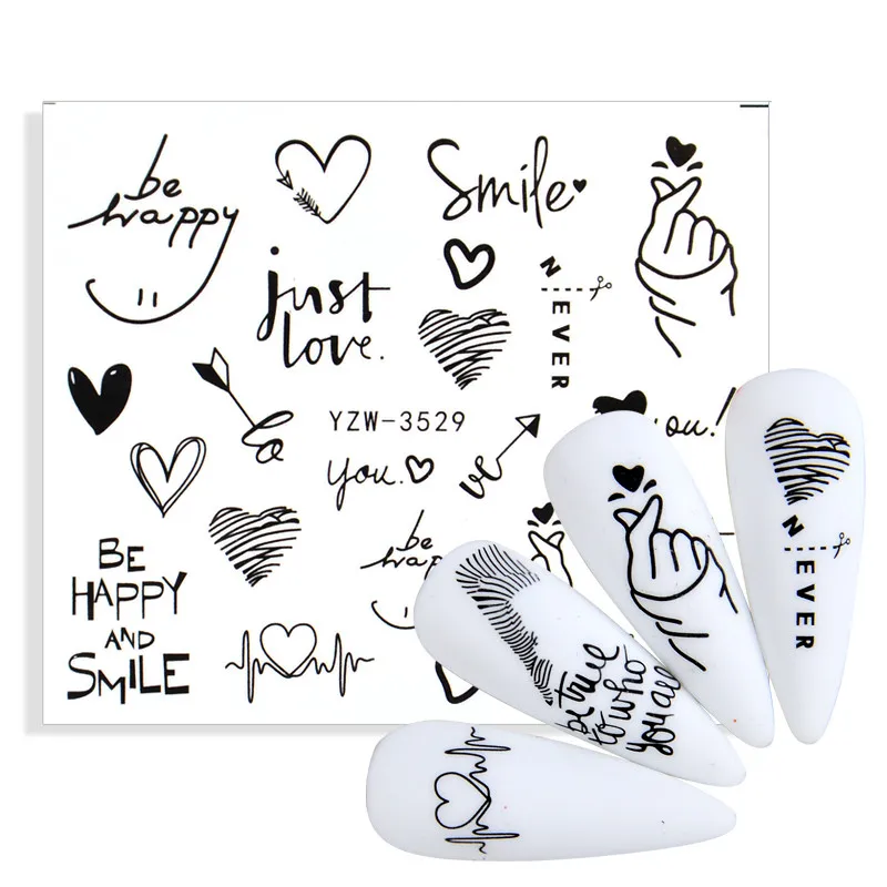 

1pcs Letter Design Black Heart-shaped Nail Sticker Heart Gesture Water Transfer Beautiful Nail Art Accessories Decals Decoration