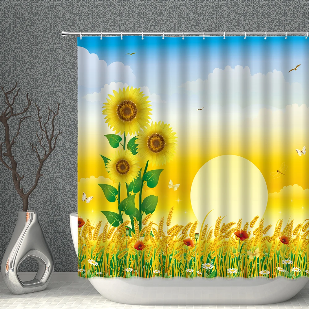 

Sunflower Flower Butterfly Plant Animal Waterproof And Mildewproof Shower Curtain Polyester Fabric Bathroom Screen With Hooks