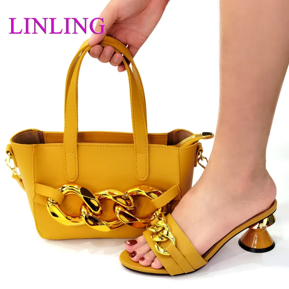 

New Yellow Color Fashion Italian Shoes With Matching Clutch Bag Hot African Big Wedding With High Heel shoes and Bag Set Party