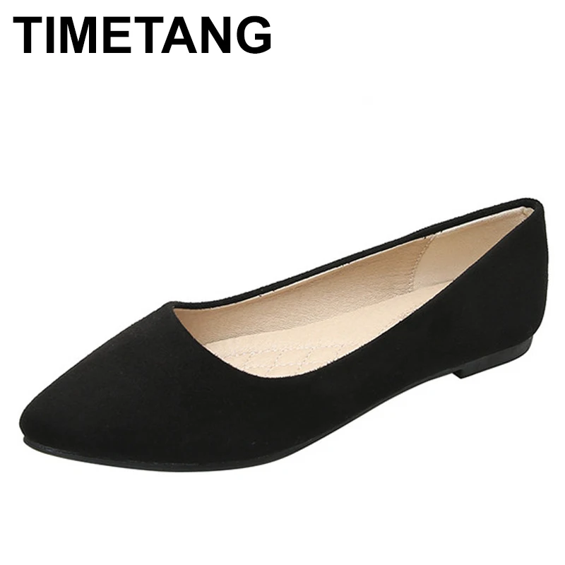 

TIMETANG black work shoes woman pointed toe soft bottom dress flats shallow office ladies comfy moccasins flock slip on brief