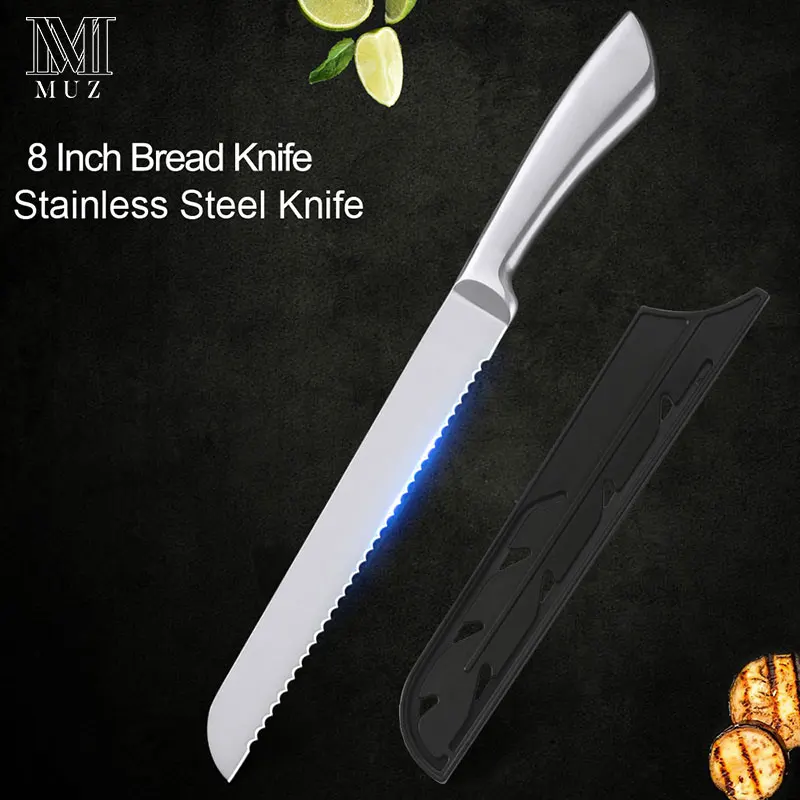 8 inch Bread Knife Новое поступление ножей из нержавеющей стали набор кухонных аксессуаров для очистки овощей утилита Santoku нарезки хлеба шеф-повара нож с Покрытие оболочки - Цвет: 8 inch Bread Knife