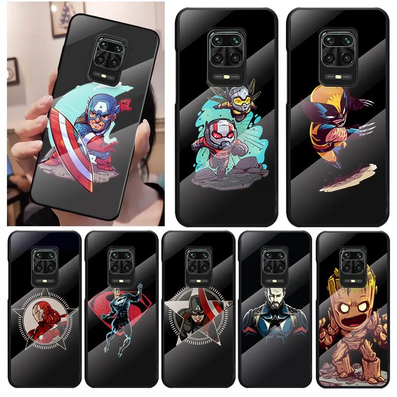 

Marvel Art Cartoon For Xiaomi Redmi K40 K30 K20 9T 9C 9A 9 8A 7 Pro Plus Tempered Glass Luxury Cover Phone Case