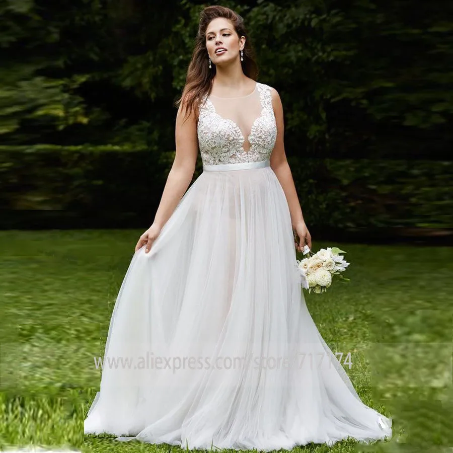 

Soft Scoop Tulle Neckline Applique Sleeveless A-line Wedding Dress with a Belt Illusion Back Button Sweep Train Bridal Dress