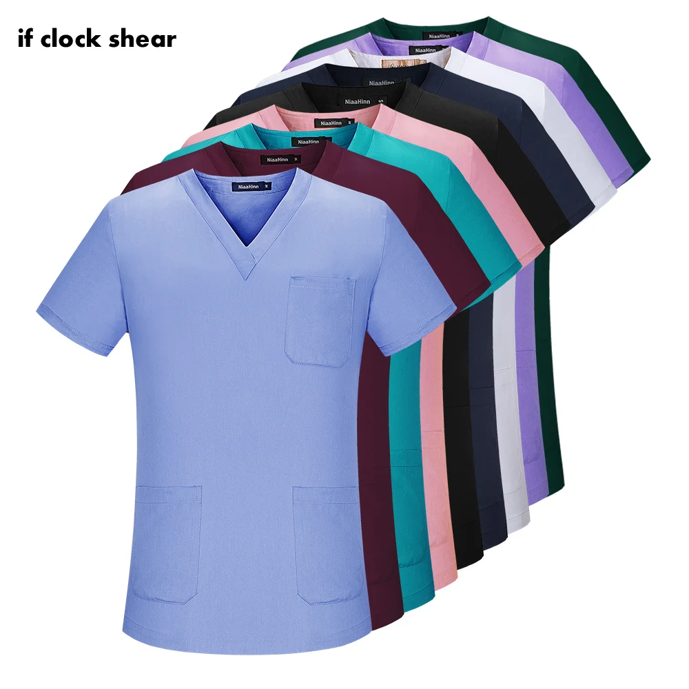 Camiseta de manga corta con cuello en V para mujer, uniforme de salón de belleza para el cuidado de mascotas, con bolsillo, blusa de dentista