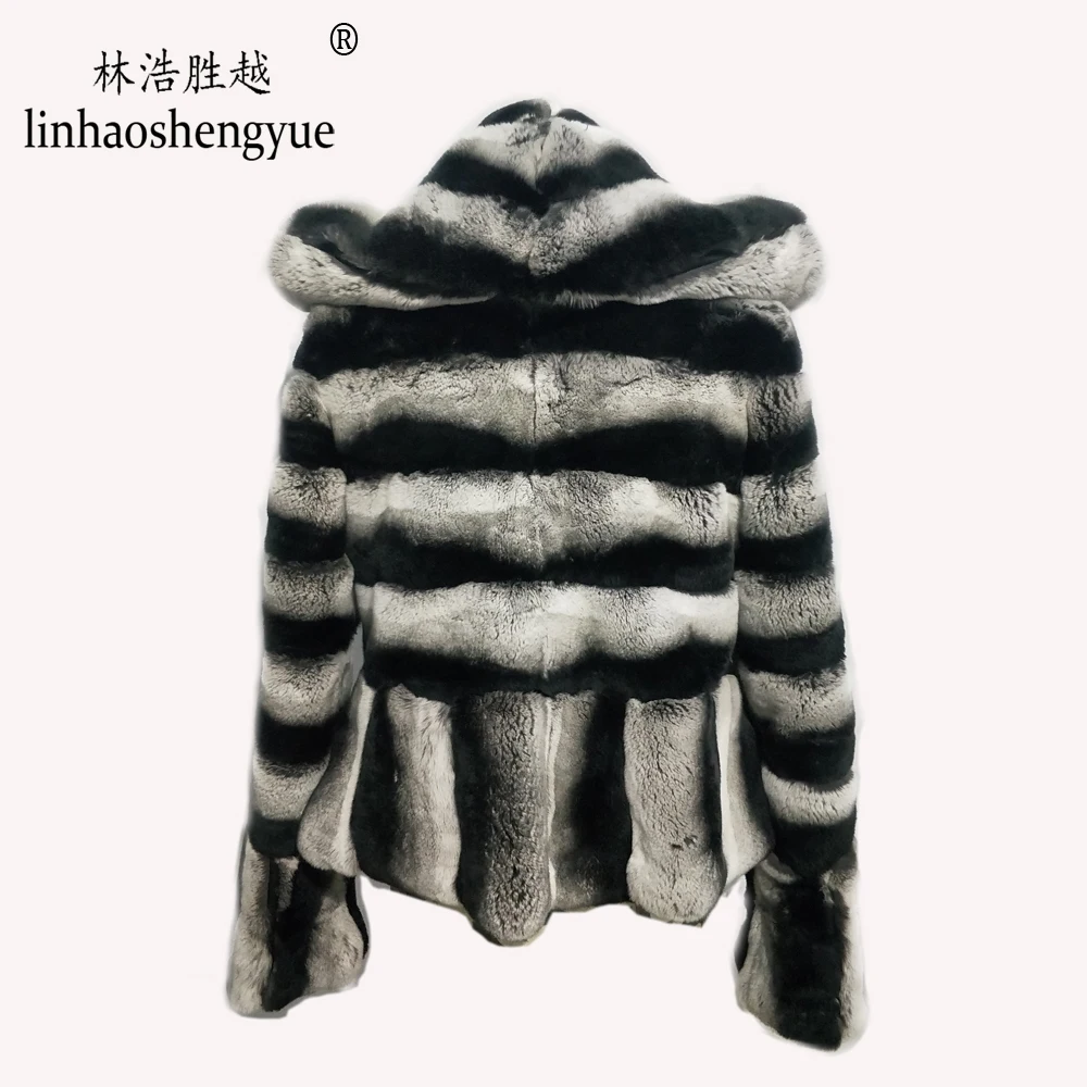 Linhaoshengyue 2020 Real fur 60cm lenght rex rabbit fur women coat with hood fashion warm  winter  freeshipping