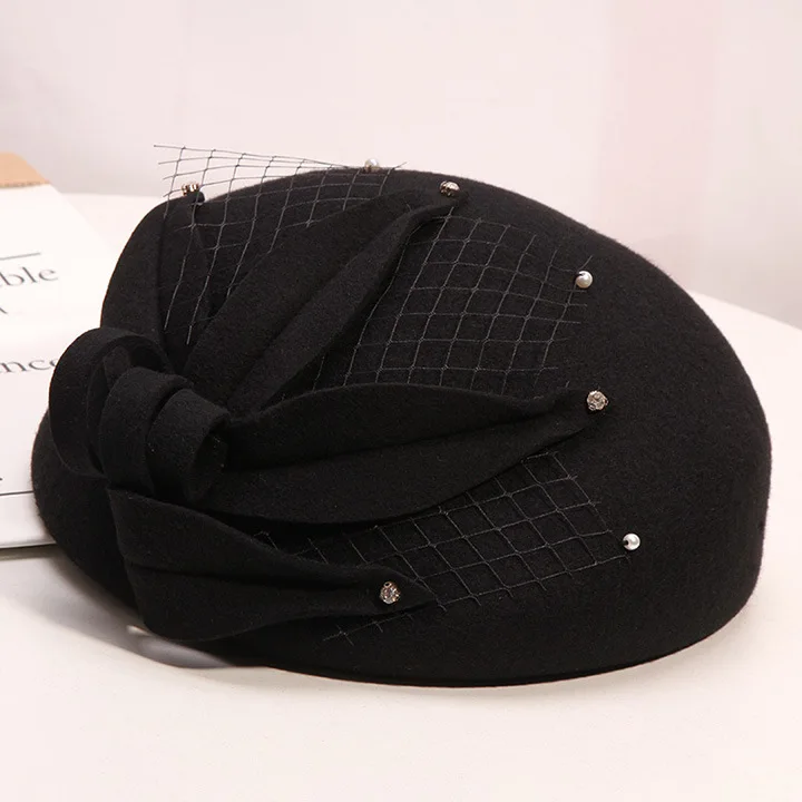 Fibonacci New Fashion Women Beret Fedoras Floral Wool Felt Hat Pearl Mesh Dinner Party Autumn Winter Hats Cap