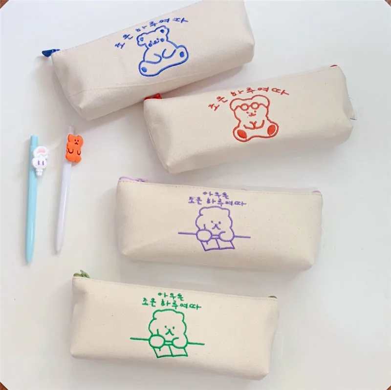 

Bear pen bag student cute canvas stationery bag simple embroidery pencil case zipper storage bag