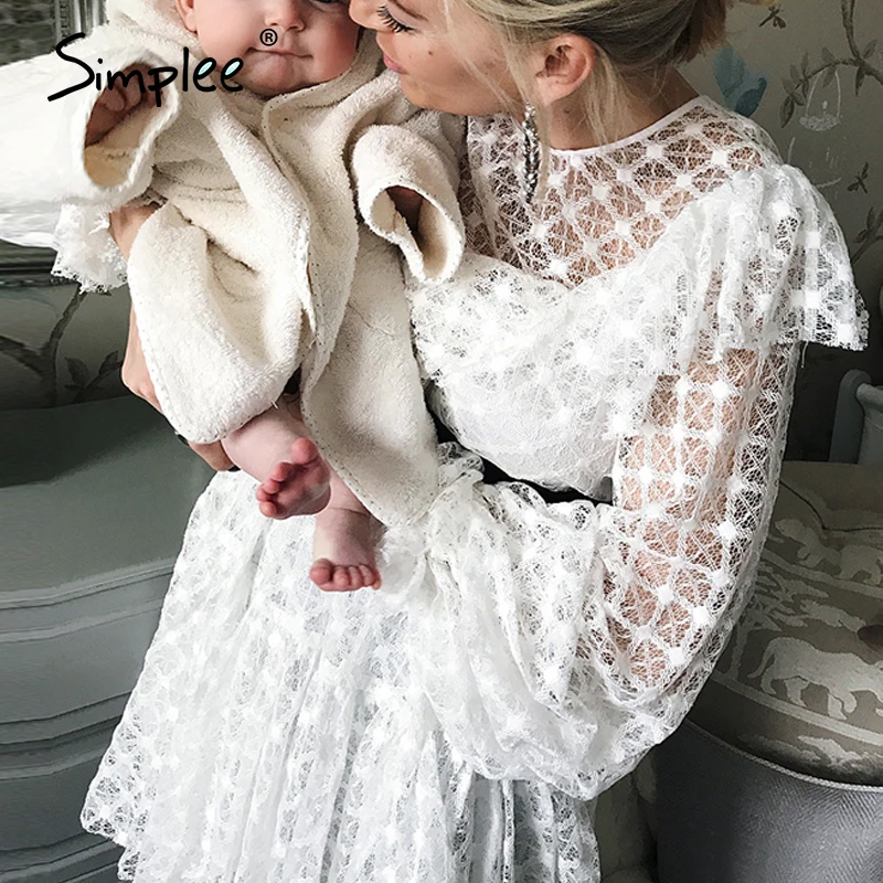 Женское сетчатое винтажное платье Simplee на осень зиму ажурное элегантное белое