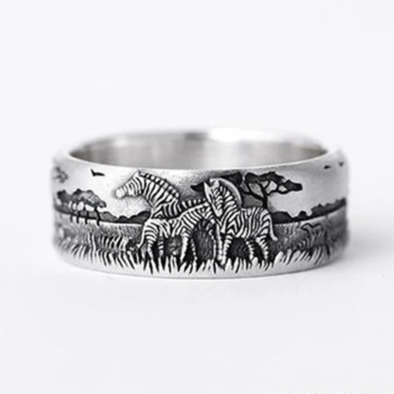 

Creative Vintage Metal Silver Color Animal Zebra Carved Finger Ring Geometric Forest Pattern Casual Wedding Party Ring Jewelry