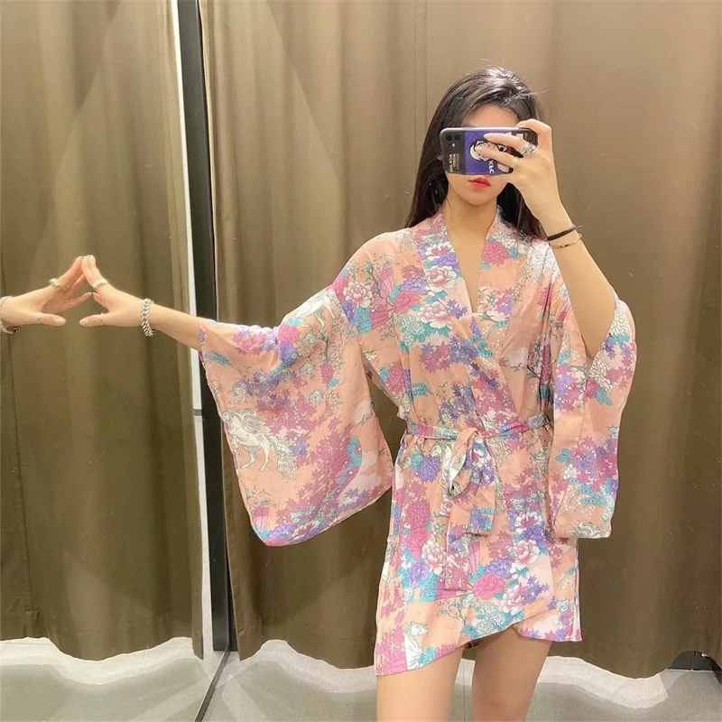 

TRAF women 2022 Fashion Holiday Style Beach Print Kimono Style Belted Mini Dress Jacket Sun Protection Clothing Streetwear