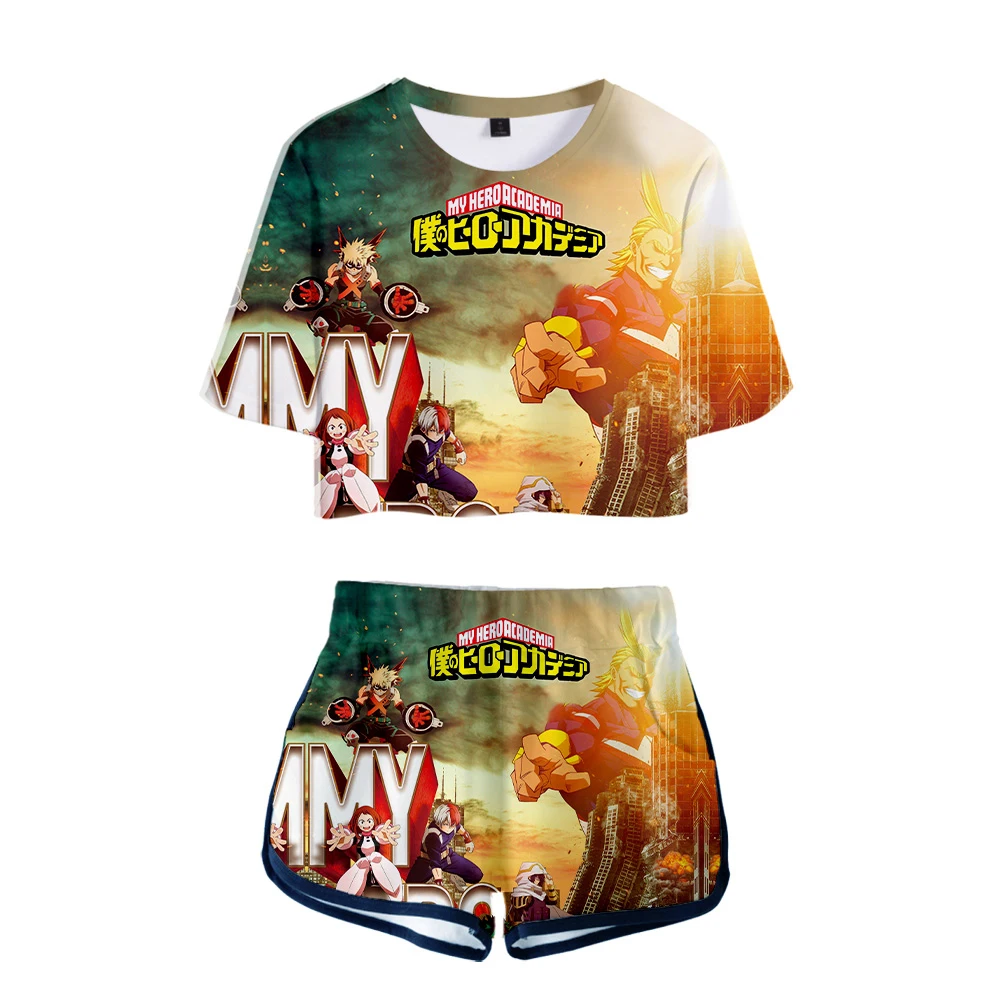 

New listing in 2021 My Hero Academia Animation 3D printed ladies two-piece summer street girl navel T-shirt + shorts set