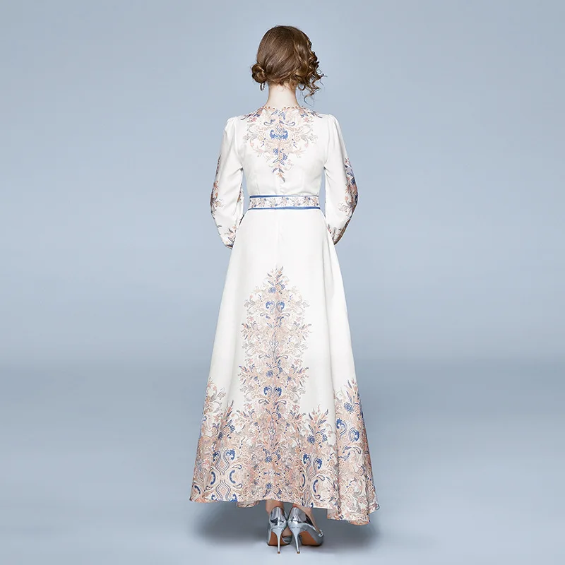 

Spring Autumn Elegant Palace Style Princess Dress Printed Crew O-neck Long Sleeve Big Hemline Runway Sashes Luxury Lady Dresses