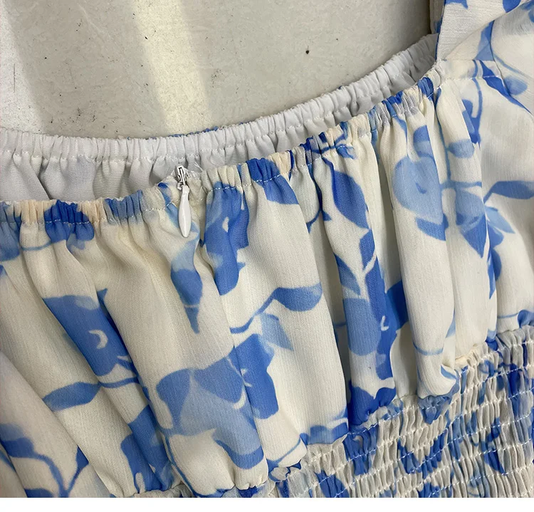 

2021 Summer New Student Girl Flower Female Dress Drawstring Slim Elastic Waist Women Mid-Length Short Sleeve Floral Dresses