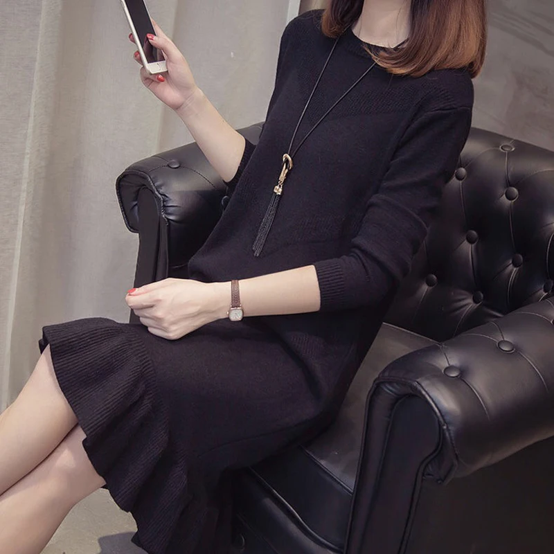 

Ruffle Loose Sweater Dress Women 2020 New Autumn Winter Casual Long Sleeve Dresses Female Long Knitted Dress Plus Size 3XL