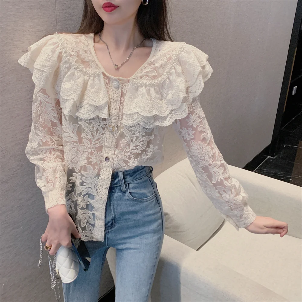 

Рубашки 대민민белые пикантные приталенные шикарные цветочные повседневные офисные женские нежные вышитые свободные стильные женские топы ...