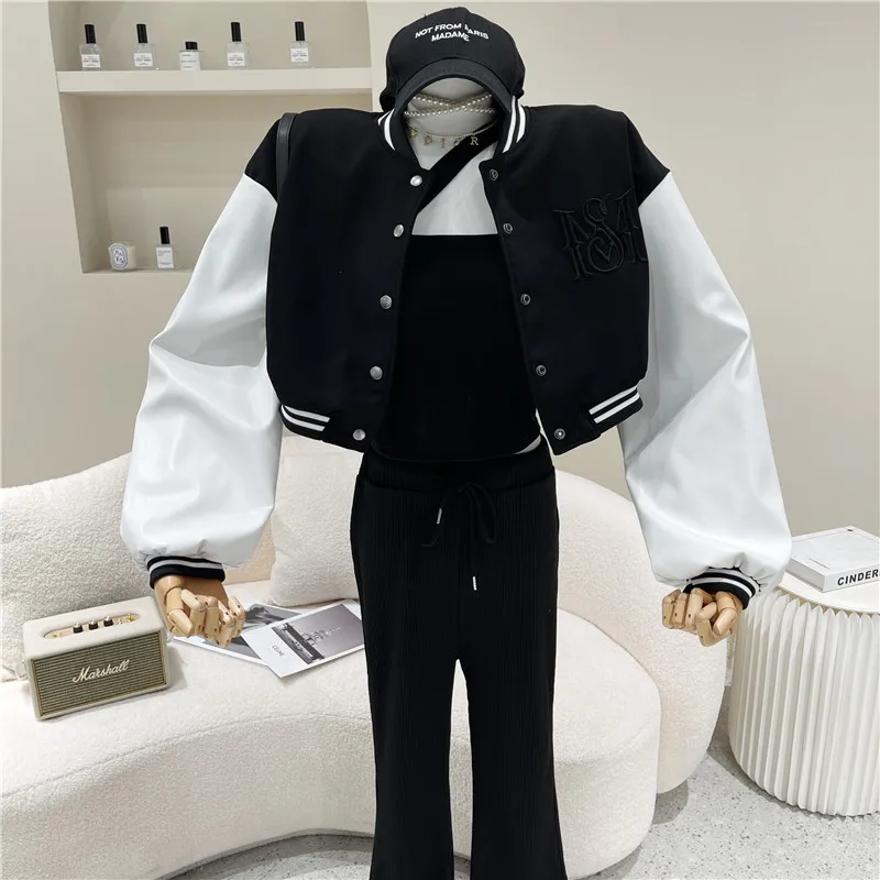 

Casual Baseball Uniform Coat for Women 2021 Spring Summer New Sports Style Colorblock Leather Short Bomber Jacket Tops Hip Hop