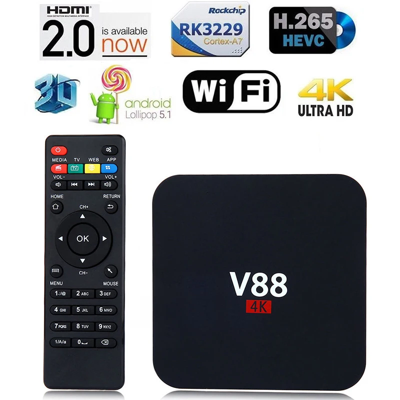 * V88 4K Android 6 0 Smart TV BOX новейший RK3229 четырехъядерный 8 Гб 1080P WIFI Media|ТВ-приставки и
