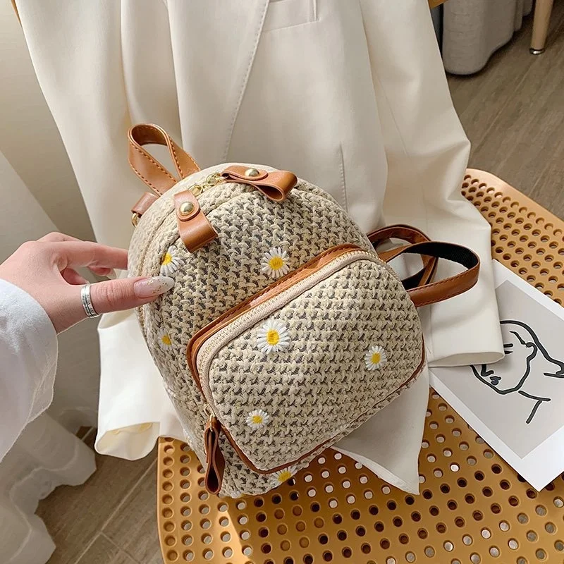 

Bohemia Summer Mini Daisy Weave Backpacks Fashion Cherry PU Backpack Small Straw Beach Daypack Girls Rattan Holiday Travel Bag