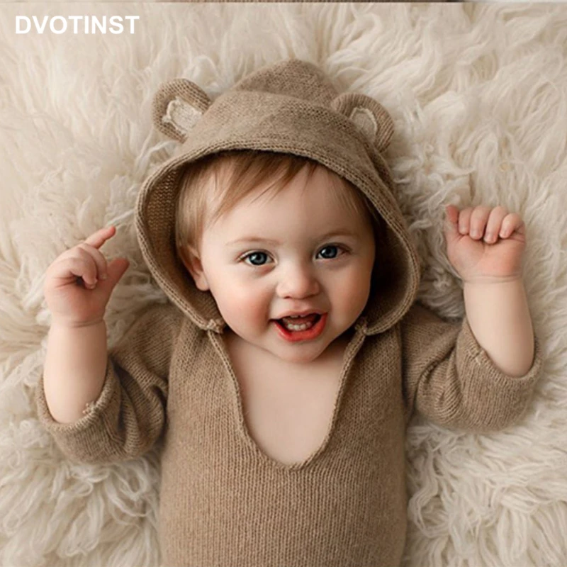 Dvotinst Newborn Baby Boys Photography Props Cute Bear Ears Bodysuit Hooded Outfit Infant Fotografia Studio Shoots Photo Props enlarge