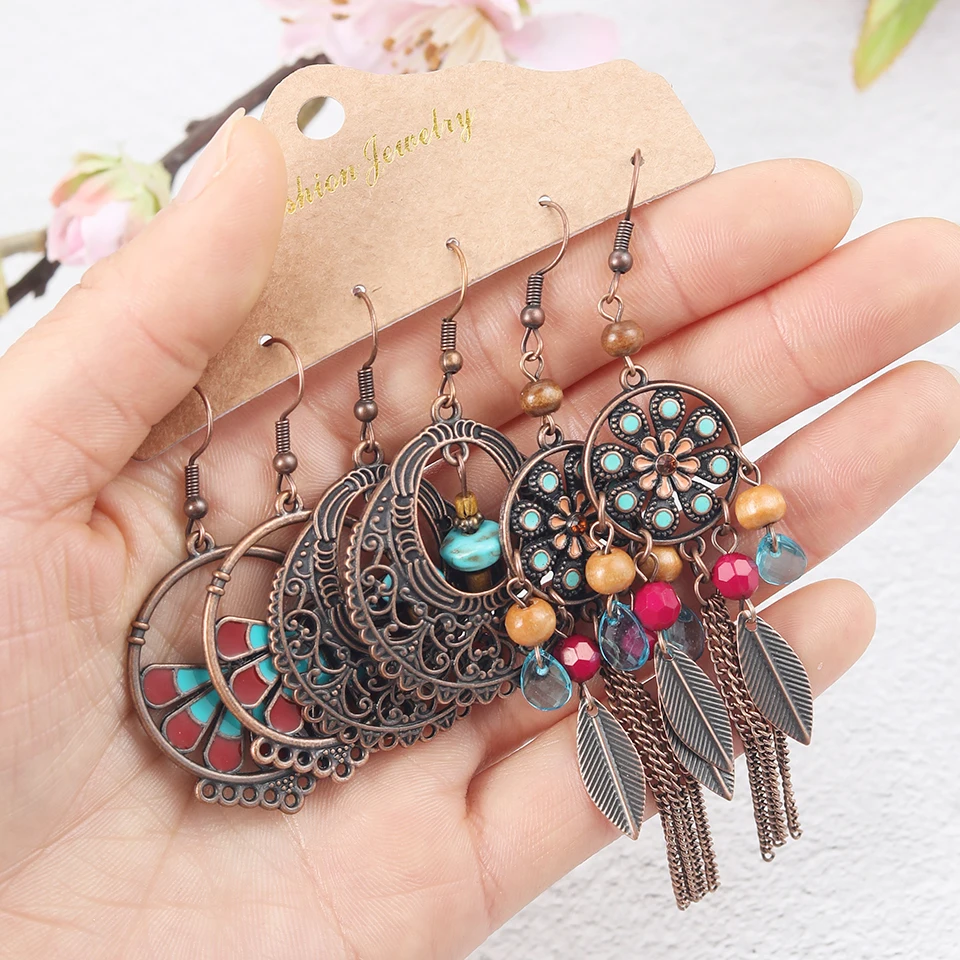 Vintage Boho Tassel Earrings Set For Women Brincos Big Round Dreamcatcher Flower Drop 2020 Charm Ethnic Jewelry | Украшения и