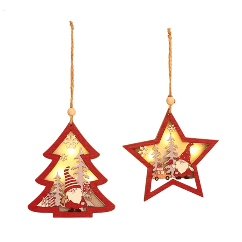 

27RE Christmas Tree Ornament Lamp LED Light Wooden Santa Claus Xmas Hanging Pendant