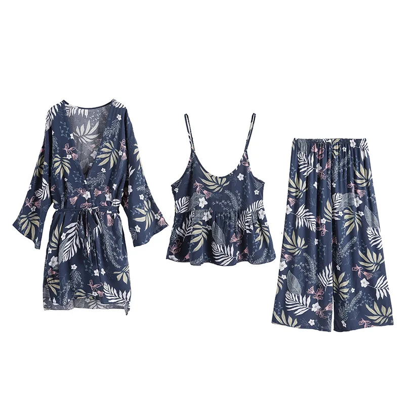 

KISBINI Women Robe Sets 3PCS Summer Nightrobe Top Pants lady Sleepwear Set Flower Print Polyester Female Nightwear Homewear