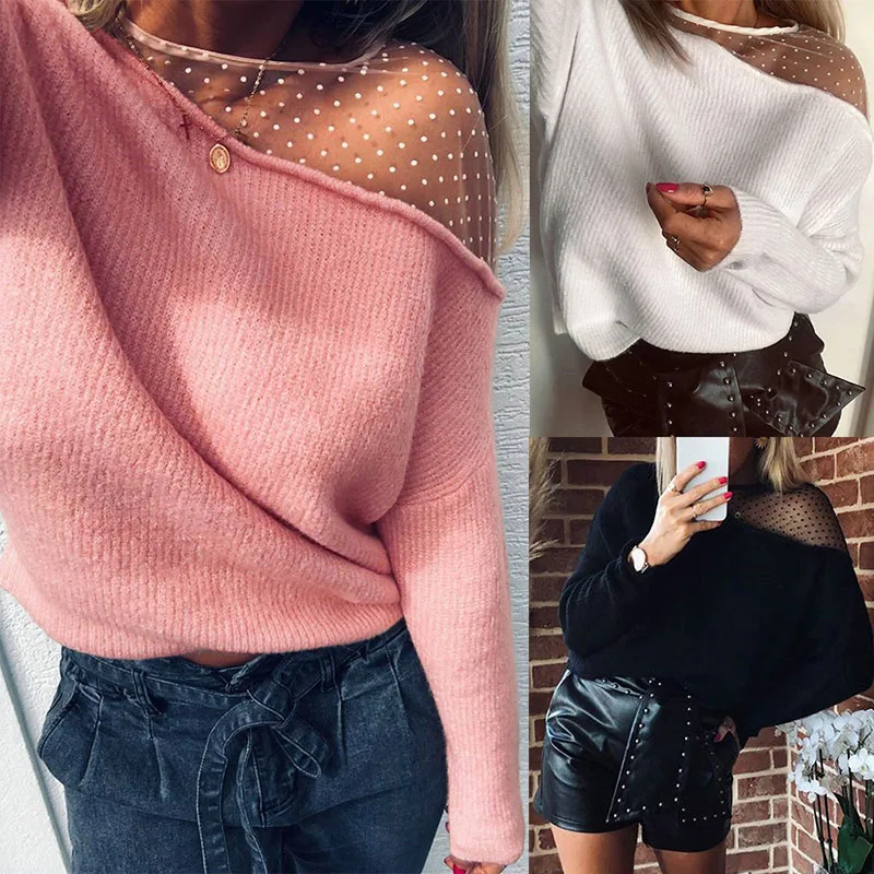 

Autumn Winter New Fashion O Neck Polka Dot Lace Patchwork Women's T Shirts Casual Loose Solid Long Sleeve Pit Bar Lady T Shirts