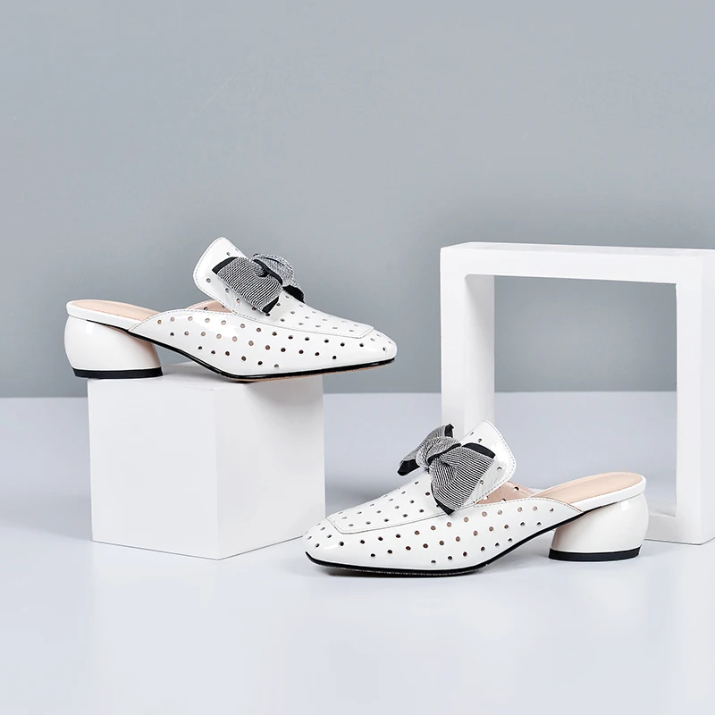 

2021 Summer shoes Women bowties Decoration med Heels slippers Woman Top Quality Genuine Leather Working Casual Women Shoes