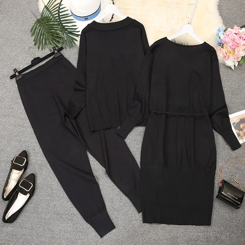 

Amolapha Woman Knit Sweaters+Cardigans+Pants Sets Long Sleeve Fashion Woman Jumpers Overcoats Trousers 3PCS Suits