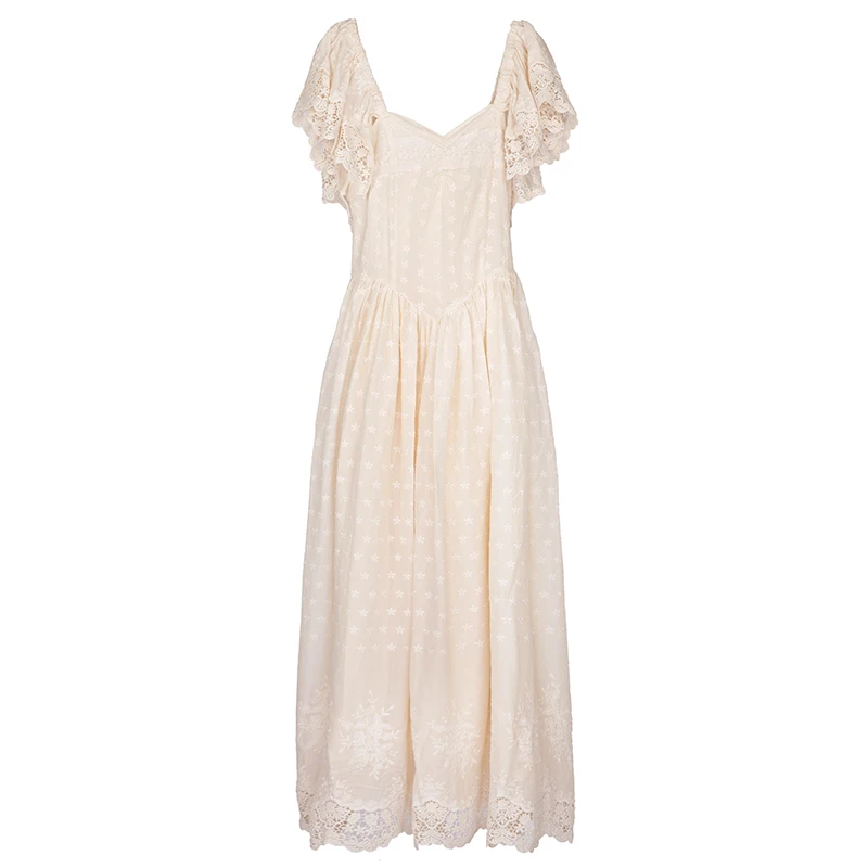 

LYNETTE'S CHINOISERIE Summer Original Design Women High Quality Europe Vintage Royal Style Flowing Cotton Lace Maxi Dresses