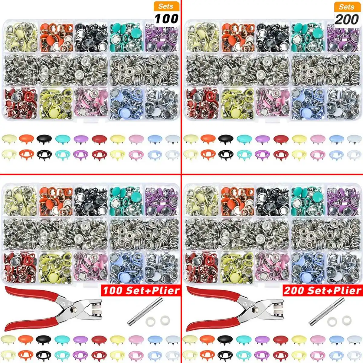 

9.5/10mm 100/200Sets Metal Sewing Buttons Prong Ring Press Studs Snap Fasteners + Clip Pliers Sewing Tool DIY Clothes Decoration