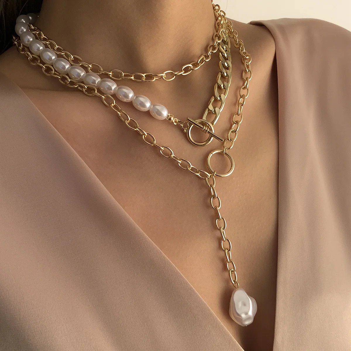 

Punk Multi Layered Metal Chains Toggle Clasp Choker Pearl Necklace 2021 for Women Baroque Pearl Coin Necklaces Jewelry