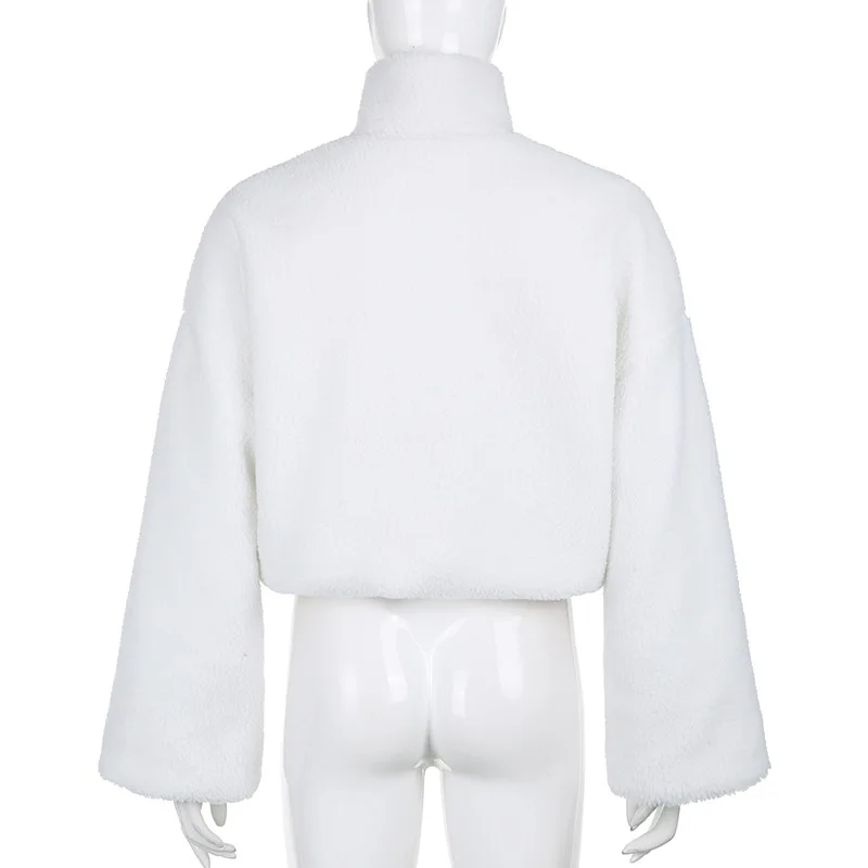 

Shaggy Lamb Wool Cropped Jacket Women Oversize Winter Coat Warm Bomber Biker Jackets White Lantern Sleeve Thick Zipper Overcoat