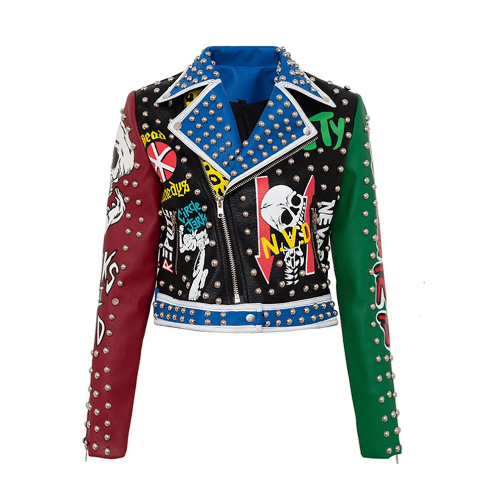 

Women PU Jacket 2021 Autumn Causal Chic Biker Rivet Zipper Graffiti Lapel Jakcets Punk Printing Vintage Short Outwears Female