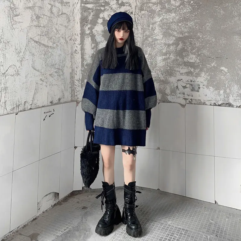 

Women Pullovers Autumn Striped Hipster Couple Knitwear Loose Casual Korean Style Vintage All-match Student Fashion Sweaters Chic