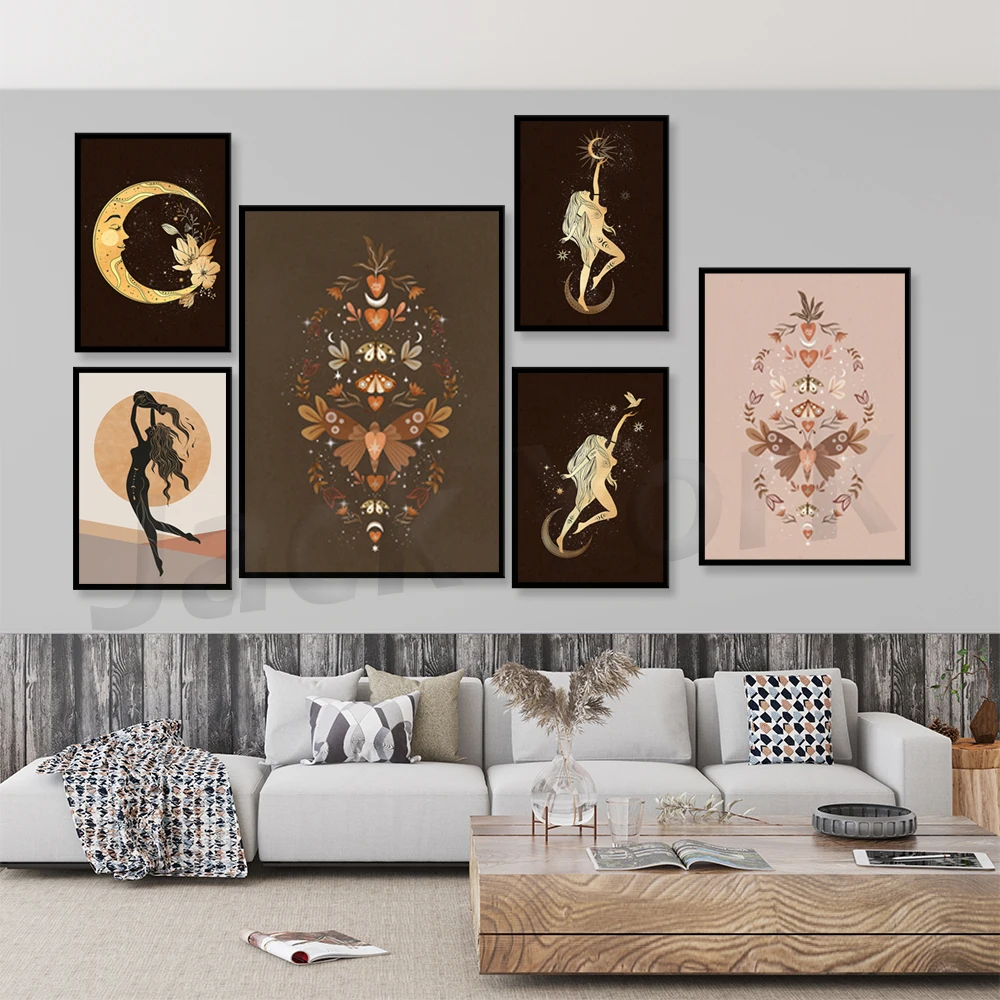 

Dancing Golden Goddess with Magical Moon and Stars Printable, Bohemian Style Decor, Boho Art Print Poster,